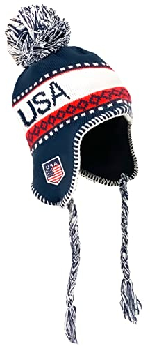 USA Winter Knit Beanie mit Bommel - Skimütze, peruanische Mütze mit Ohrenklappen und Fleecefutter, Blau, Einheitsgröße