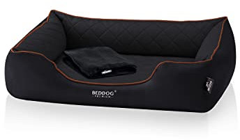 BedDog Premium Orthopädisches Hundebett Buffy, Hundesofa aus Kunstleder, Abnehmbarer Bezug, Kuschel-Decke Zugabe - Black (schwarz)