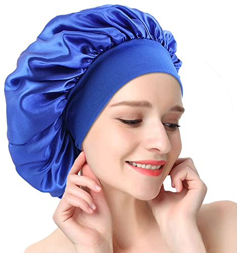 AONAT Schlafmütze Satin Cap, Doppelschicht Schlafhaube Mütze Damen Mädchen, Verstellbar Seide Haube Weiche Große Satin Kappe Bonnet zum Nacht Schlafe Haarpflege Badekurort Hauptgebrauch - Blau
