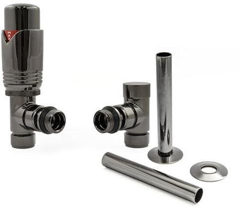 Hot Flow Black Nickel Marella Modern Thermostatic Radiator Valve Angled TRV. Includes Angled TRV Body, Wheel Head, Lock Shield & Pipe Sleeve for Quick & Easy Temperature Control.