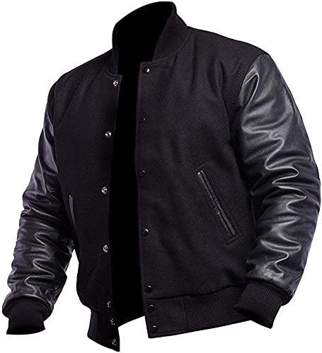 LP-FACON Vestes universitaires pour homme – Blouson de baseball Bomber High School Noir Letterman, Noir - Laine et imitation, L