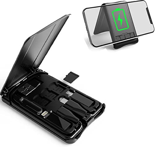 Data Cable Box with Wireless Charger, Multi-Type Charging Cable Convertor, Multi-Function Wireless Charger Adapter, Built-in Card Reader, Can Use as Phone Holder
