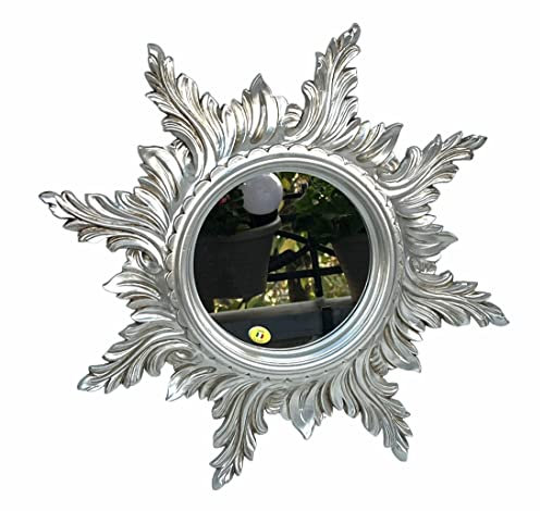 Barock Wandspiegel Silber Antik Spiegel Badspiegel 50cm Prunkspiegel Runde Spiegel Sonne Antik Silber Altsilber Spiegel C495 AS.