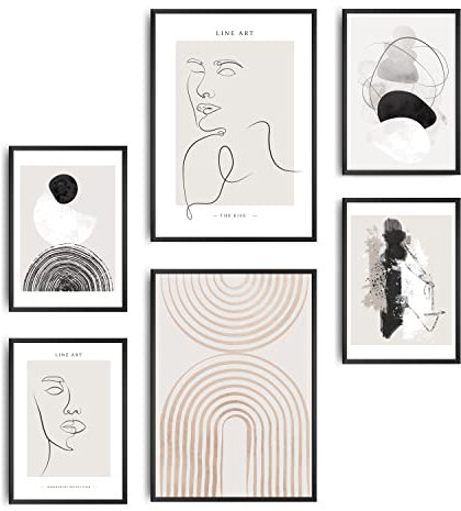 decomonkey | 6er Poster Set OHNE Bilderrahmen | Abstrakt Beige | 4 x DIN A4 & 2 x DIN A3 | Wohnzimmer Schlafzimmer Wandposter Blider Collage Modern Wanddeko Line Art Sprüche Schwarz Weiß Grau