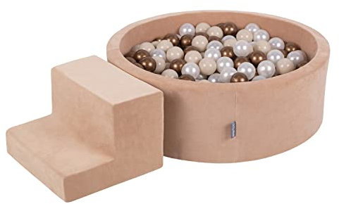 KiddyMoon Velvet Aire De Jeux en Mousse avec Rond Piscine À Balles pour Enfants Piscine (200 Balles), Rose des Sables: Beige Pastel/Cuivre/Perle