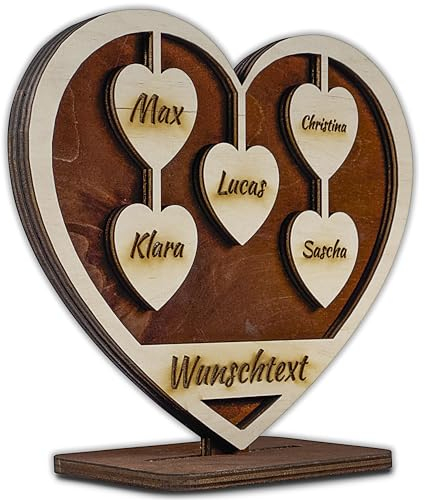 Urhome Holz Herz mit Gravur 5 Namen personalisiert Holzdeko Herzform Schild Geschenk für Großeltern Mama Oma Opa Eltern Mutter Hochzeit Muttertag Wunschtext Individuell mit Ständer