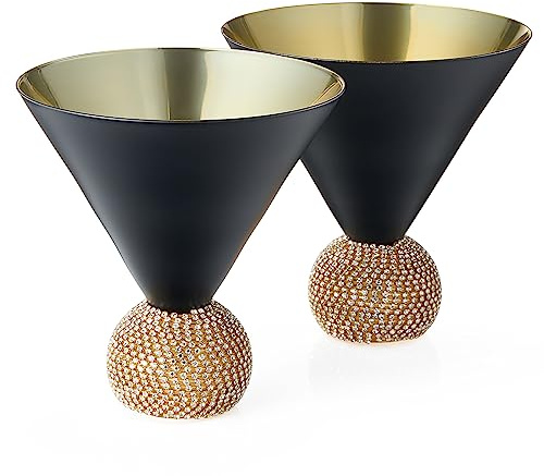 Diamond Studded Martini & Cocktail Glasses Set of 2, Rhinestone Diamonds Stemless Crystal Ball Base, 10.5 oz, Shiny Style Crystal, Beautiful Hosting, Wedding, Everyday Rhinestones Glass Black & Gold