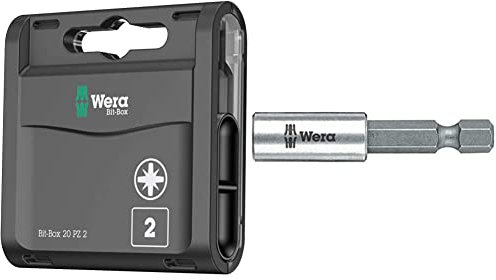 Wera Bit-Box 20 H PZ2 Extra Hard bits for drill/drivers, 25mm, 20pc pack, 05057760001, Black & 899/4/1 Universal Magnetic Bit Holder 50mm Carded