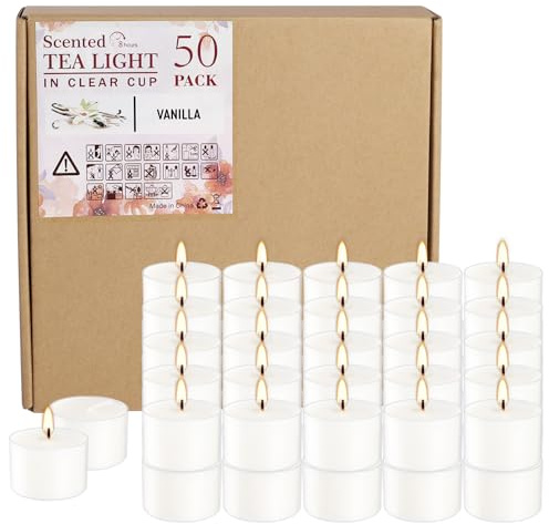 Wfmolcand Set of 50 White Scented Tealight Candles Bulk, Vanilla Fragrance Wax with Clear Container, for Restaurant Dinner Weddings Baby Showers, Long Burning, 8 Hours