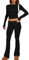 MISSACTIVER Zweiteiliges Damen-Outfit, langärmelig, bauchfreies Top und niedrige Taille, ausgestellte Hose, Lounge, 2-teiliges Yoga-Trainingsanzug, Schwarz, M