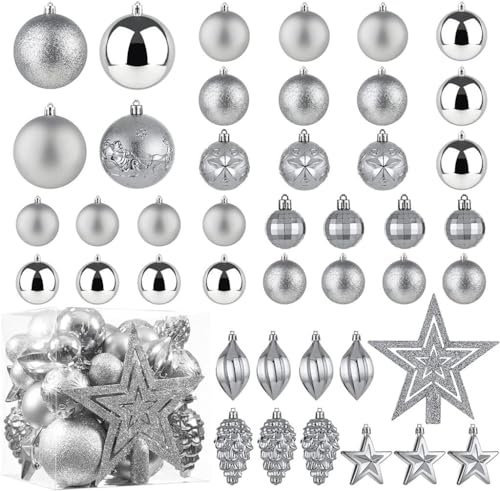 Christmas Ball Baubles Decoration Tree Ornaments including Balls Stars and a Tree topper Shatterproof Xmas Hanging 43 Pieces Set Home Office Outdoor indoor (Silver)