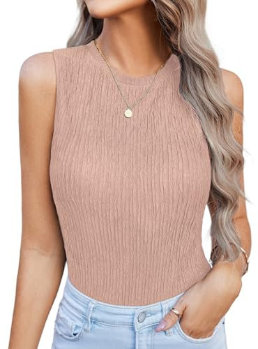 Hotouch Canotta da Donna Canottiere Senza Maniche Top Estivi a Collo Tondo Camicetta Slim Fit Canotta Sexy Tops Rosa Cipria M