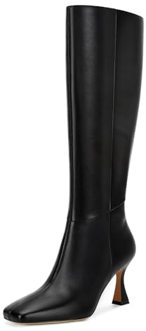 Dsevht Stivali alti al ginocchio in pelle nera per le donne stivali sexy con tacco a spillo gattino punta quadrata e cerniera laterale design stivali moda abito, nero, 39 EU