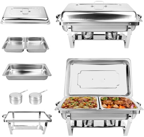 2 Pack 9L Chafing Dish Buffet Set Stainless Steel Food Warmer Kit with Lids Food Pans Food Warmers with Fuel Holders Buffet Serving Utensils for Restaurant Catering Parties Weddings