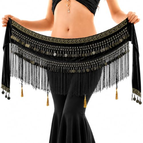 Baisdan Belly Dance Hip Scarf, Tribal Belly Dance Belt Skirt with Tassel Fringe Coins Flannel Shawl Wraps Belts for Women and Girls Black L