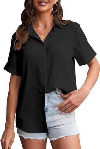 SPRING SEAON Women's Button Down Shirt Short Sleeve Collared Tops Work Office Chiffon Blouse Black