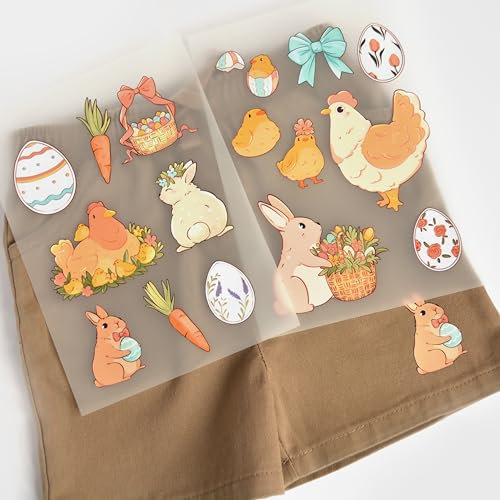 Bügelbilder frohe Ostern, Osterhase, Ostereier, Hühner A5-Set für Textilien, 2 Bögen zum Aufbügeln | Deko Stoffreparatur von T-Shirts Jeans Jacken, Patches für Babys Kinder