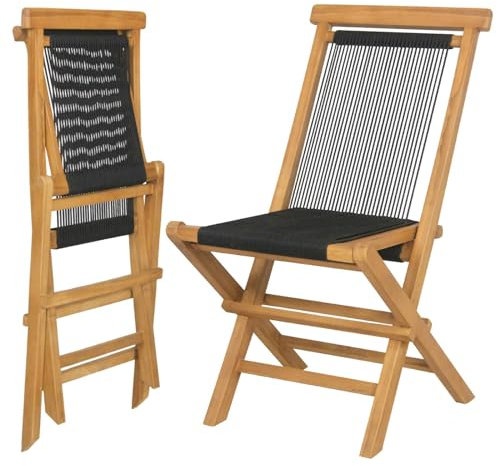 GiantexUK Patio Chairs Set of 2, Folding Teak Wood Garden Dining Chairs with Woven Rope Back & Seat, Outdoor Camping Chairs for Bistro Backyard Poolsides (X-Shaped Structure, 46 x 62 x 89cm)