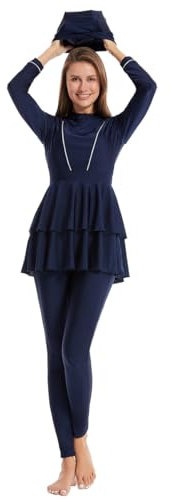OBEEII Burkini Damen Muslim Modest Islamischer Arabischer Badeanzug Langarm Schwimmoberteil Badehosen und Bademütze 3tlg Muslimische Schwimmkostüm Bademode Navy S