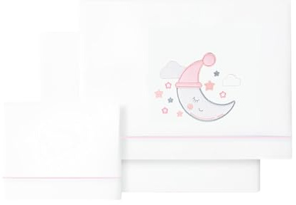 various - Bettwäsche-Set für Kinderbett 60 x 120 cm für Neugeborene Frühling und Herbst, Typ 100% Baumwolle extra weich in Spanien - (niedrig+Arbeitsplatte+Kissenbezug Mondfarbe BCO/Rosa