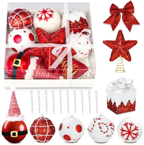 Set de Decoración Navideña Rojo y Blanco, 8cm 18 Piezas de Decoración Navideña de Plástico,Árbol de Navidad Inastillable Decoración de Pared con Cordón, Decoración del Hogar