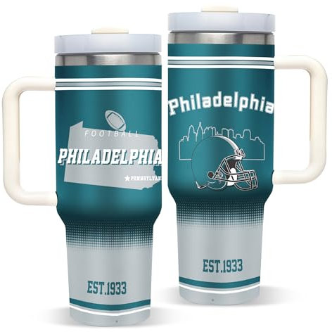 MRSAHLV Football Insulated Coffee Tumbler, 40oz Stainless Steel Vacuum Travel Mug Cup with Handle and Straw Lid, Reusable Water Bottle Cupholder for Cold or Hot Drinks