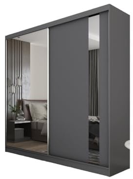 Margaret Hadas24 Kleiderschrank Gabo mit Spiegel, Organizer, Mehrzweckschrank, Schwebetürenschrank, Garderobenschrank, Kleiderstange, Kleiderständer, Flurschrank, Garderobe, Schrank, Graphit, 200 cm