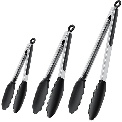 Silikon Küchenzange,35cm / 23cm / 18cm Grillzange, Hitzebeständigem Silikongriff, aus Edelstahl und Silikon Küchen Zange Fleischzange Nudelzange, Verriegelbare Metallzange, ideal zum Kochen, Grillen