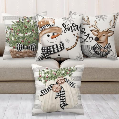 VOPIWOZ Kissenbezug Weihnachten Set, 4 STK Weihnachtskissenbezug 45x45, Grauer Weißer Schneemann Rentier Kissen Weihnachten, Ideal Weihnachtsdeko, für Weihnachtskissen Outdoor und Winterkissen