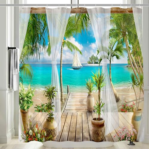 Vgzsyomqib île Rideau Douche Anti Moisissure 3D Imprimé Mer Bleu Palmier Vert Rideau de Salle Bain 200x200 Long Tissu Polyester Imperméable Plage Océan Rideaux Baignoire Lavable avec Crochet