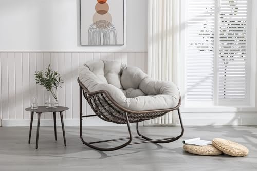 Komfortabler Rattan Schaukelstuhl, Outdoor Lounge Sessel Mit Extra Breiter Sitz, Dicke Kissen, Robuster Rahmen, Anti-Kipp-Fußpolster, Wetterbeständig, Pflegeleicht, Ideal für Balkon, Garten, Grau