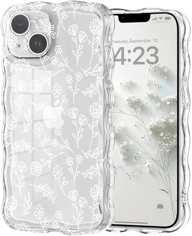 Micoden Cute Curly Wave Case for iPhone 13,Clear with Anti-Yellowing Flower Floral,Soft TPU Slim Bumper Shockproof Anti-Scratch Protective Wavy Cover for Girls Women-White