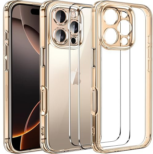 ivoler Clear Case Compatible with iPhone 16 Pro 6.3 inch, 1 Phone Case + 2 Tempered Glass Screen Protector, Non-Yellowing Military Shockproof Anti-Scratch Slim Phone Case Cover- Desert Titanium