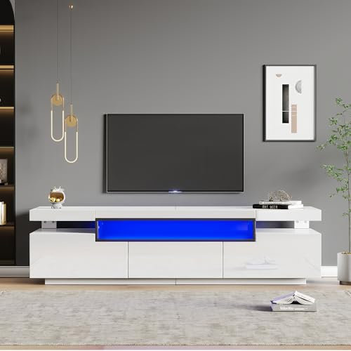 Merax High Gloss TV Stand Cabinet for 70-Inch TV with LED Lights, 3 Drawers, and 3 Open Storage Spaces – Modern White TV Unit for Living Room and Bedroom 160x39x42 cm