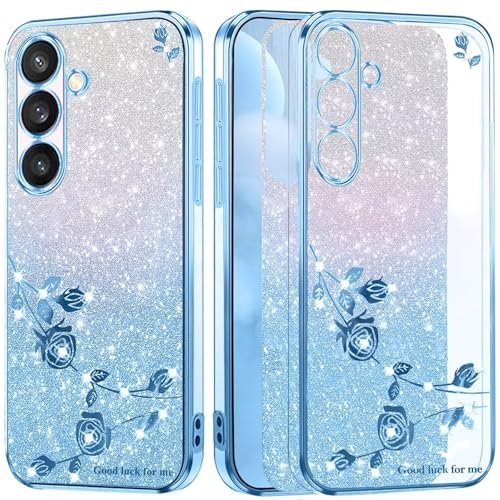 BEENTRYS Transparent Blumen Handyhülle für Samsung Galaxy A10,Glitzer Clear Floral Glitter Mädchen Frauen Ultra Stoßfest TPU Bumper Schutzhülle für Samsung Galaxy A10-Blau