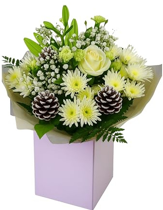 Winter White Rose - Lily - Chrysanthemum - Pine Cone Flower Bouquet Gift Box