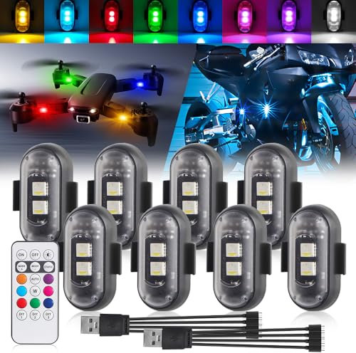 NHHEO Lumières Stroboscopiques LED Sans Fil avec Télécommande, 8 Couleurs Chargement USB Lumière LED Etanche pour l'intérieur de la Voiture Motos Vélo Drone Camion Anti-collision(8PCS)