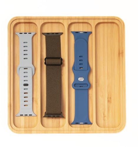 Set 3 correas Silicona y Nailon para Apple Watch + Caja organizadora de madera de bambú para correas. Compatible con Series 10 9 8 7 6 5 4 3 2 1, SE y SE 2, Ultra y Ultra 2. (42mm 44mm 45mm 49mm)