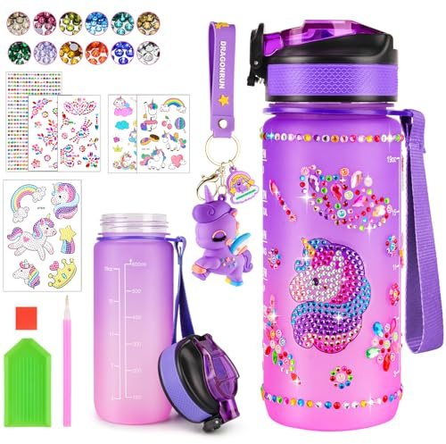 HGRGHH Licorne Bricolage Gourde, 600 ml Fille DIY Gourde, Kit de Loisir Créatif Enfant, Jeux Créatif Fille 5-10 Ans pour Cadeau Noël Anniversaire Cadeau, Sans BPA avec Autocollants, Porte-clés