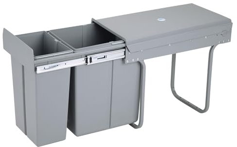 Contenedor de reciclaje para mueble de cocina, Cubo de basura bajo fregadero 10L+20L, fijación inferior y extracción manual cubos extraíbles, con tapa