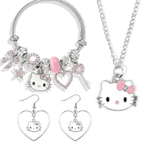 3 teiliges Katzen Armband, Mädchen Armbänder, Katzen Anhänger Halskette, Kinder Kette, Cartoon Verstellbares Armband für Mädchen Geschenke, Glücksbringer Freundschaftsarmbänder, Charm Armband