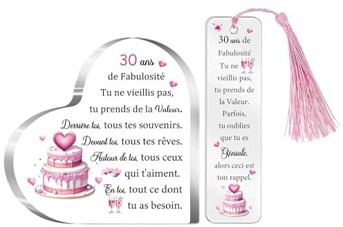 30ème Anniversaire Joyeux Cadeau 30 ans Femmes Plaque Acrylique Marque-pages Ensemble de 2 Pièces 30 Ans Cœur Panneaux de Bureau Signet Maman Amies Personnalisé Fille Nièce Cousine Tante Marraine