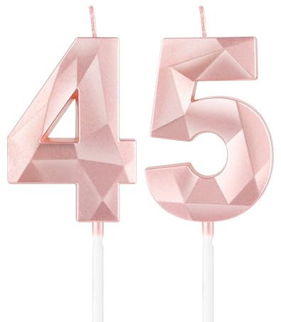 Rose Gold 45 Geburtstag Kerzen, 3D Nummer 45 Kerze für Kuchen, Frauen 45 Geburtstag Dekorationen, Roségold 45 Kerze Kuchen Topper für Mädchen Frauen Haar ihn Geburtstagsfeier Hochzeit