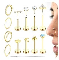 CASSIECA 21Pcs 18G Helix Piercings Gold Labret Piercing Chirurgenstahl Hypoallergen Nasenpiercing Stecker Nasenring Lippenpiercing Tragus Conch Piercing Ohr Gold 6/8/10/12MM