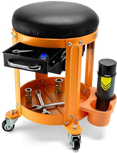Verda Werkstatthocker 150 kg belastbar – Rollhocker mit 2 Schubladen, Dosenhaltern & Ablage – Abnehmbarer Sitz – Arbeitshocker für Werkstatt, Garage & Montage, Werkstattsitz, Garagenhocker