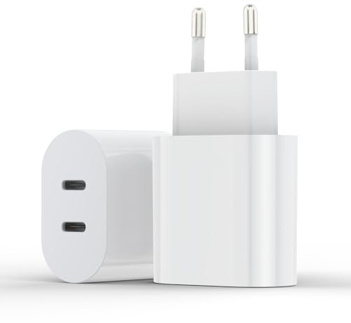 Powice 2 x 20 W USB C Charger, PD20W 2-Port 20W + 20-W USB Charger, USB C Charger with 2 USBC Ports, Power Supply for iPhone 16/15/14/13 12 11 SE XS XR 8 7, White