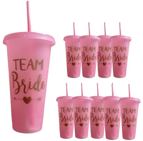 Team Bride Party Tumblers with Straws, Pink and Black Cups, Set of 10 (Pink)