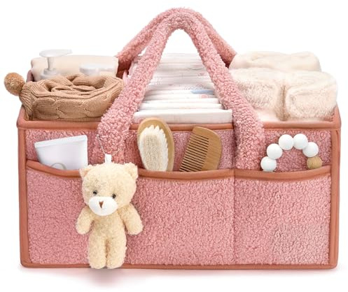 Tuocal Wickeltisch Organizer, Baby Windel Caddy Organizer Korb mit Fächern & Griffen, Tragbarer Baby Aufbewahrungskorb für Windeln und Feuchttüche, Geschenk für Babyparty, Rosa