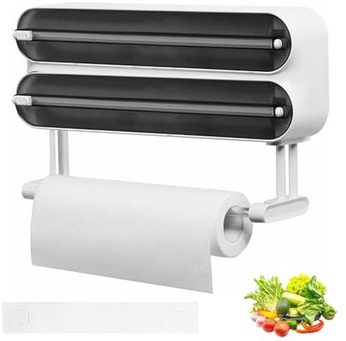 Distributore di Pellicola con Taglierino 3 in 1, Magnetico Portarotolo Da Parete Pellicola, Portarotolo da Cucina, Taglierina per Fogli,Dispenser di Carta in Alluminio e Pellicola, Nero