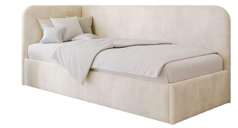 Polsterbett 90x200 cm, Stauraum, Kopfteil, Matratze, Hellbeige, Links | Jugendbett mit und Gasdruckfedern, Gepolstertes Bett mit Kopfteil, modernes Design, Mario-Kollektion